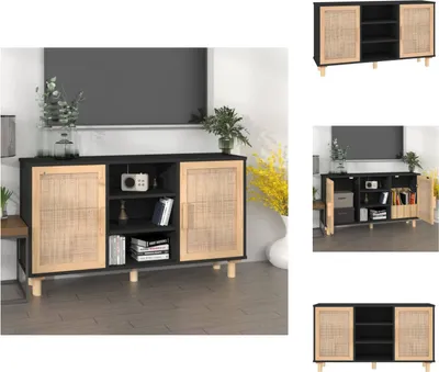 Image de vidaXL Sideboard Noir 105x30x60 cm Pin massif rotin naturel - Sideboards