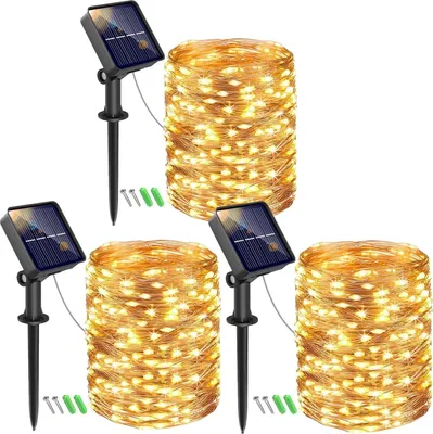 Immagine prodotto di Set di 3 ghirlande luminose da esterno ad energia solare, 15M 150LED impermeabile, 8 modalità di ghirlanda solare da esterno per giardino su terrazza