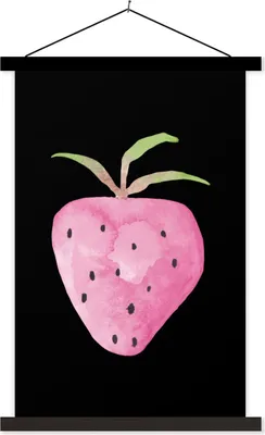 Produktbild von MuchoWow® Textilposter Erdbeere - Aquarell - Rosa - Schwarz 120x180 cm mit schwarzem Rahmen - Fotos