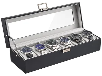 Produktbild von Uhrenbox mit 6 Fächern und Glasdeckel in Schwarz, Aufbewahrung für Uhren mit bis zu 48 mm Zifferblattdurchmesser