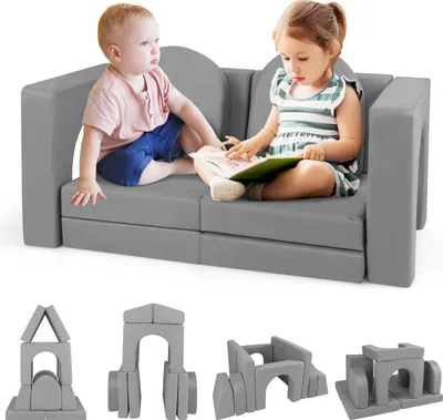 Produktbild von GOPLUS 8-teiliges Kinder Spielsofa, Modulares Kindersofa mit Wildlederstoffbezug, hochdichtem Schaum, Kinderspielsofa für das Spielzimmer, Grau