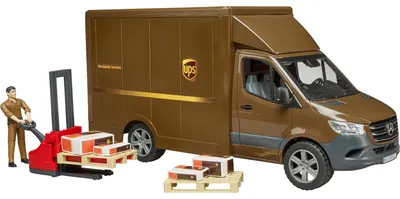 Produktbild von bruder 02678 - Mercedes-Benz Sprinter UPS mit Fahrer Handhubwagen & Versandboxen - Versand Logistik Transporter Paket-Dienst Lieferwagen LKW 1:16