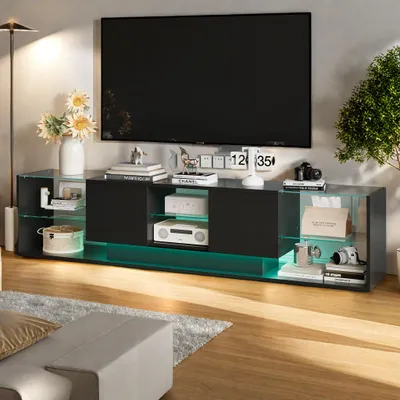 Produktbild von Fortuna Lai Moderner TV Schrank, Fernsehtisch mit 2 Schublade und 6 offenes Regal, 200cm lang, Hochglänzendes LED-TV-Lowboard für Wohnzimmer und Esszimmer (Schwarz)