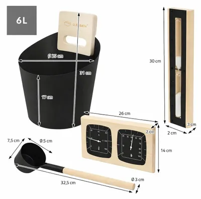 Produktbild von 4-teilig Saunazubehör-Set aus Aluminium & Holz, 6L Aufgusskübel & Kelle, Thermometer-Hygrometer & 15min. Sanduhr LuxeBath