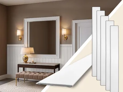 A hallway with a mirror, console table, bench, and wall paneling, with product samples in the foreground.