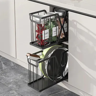Produktbild von Unterspüle Aufbewahrung - Ausziehbarer Metallkorb - Schrank Organizer für Küche und Bad - Gleitregal - 2-teiliges Set