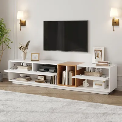 Immagine prodotto di Mobile TV con illuminazione a LED e controllo tramite app, mobile basso per TV con finitura lucida, mobile TV in pannello di particelle di legno per il soggiorno