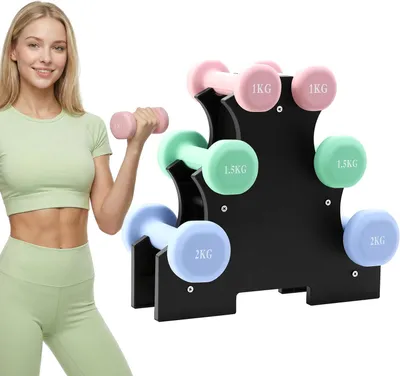 Produktbild von TEENO Neopren-Hanteln 9/12 kg mit Halterung – Set mit 6 Hanteln für Frauen und Männer, rutschfest, für das Training zu Hause, für Arme und Schultern