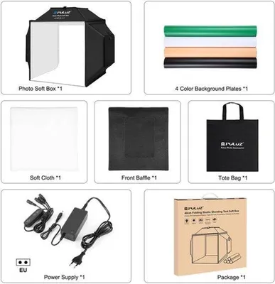 Imagen del producto de Estudio fotográfico con softbox de 40 cm - Caja de luz LED de 72W - 40x40x40 cm - Fabricado en PVC y tela - Profesional