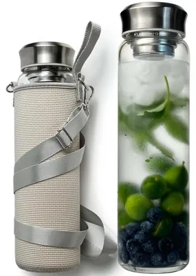 Produktbild von Glasflasche 1 Liter mit Edelstahldeckel und Neoprenhülle