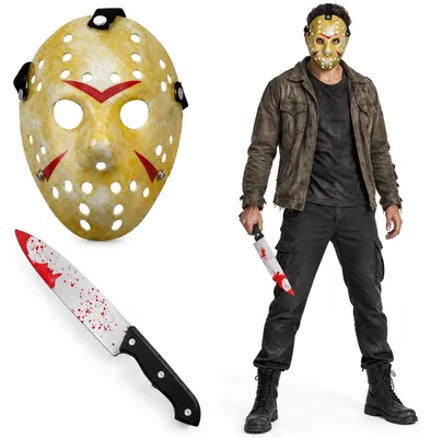 Horror-Maske mit Machete – Halloween-Kostüm-Set, gelb