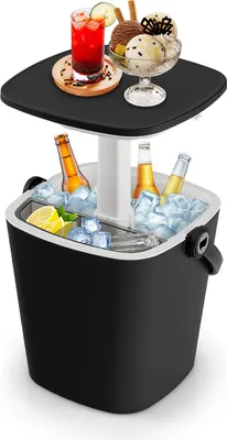 Produktbild von COSTWAY 3 w 1 Cool Bar przenośny, 15-litrowy stolik z podnoszonym blatem, otwieraczem do butelek i wyjmowaną półką, chłodziarka do piwa ze szczypcami do lodu