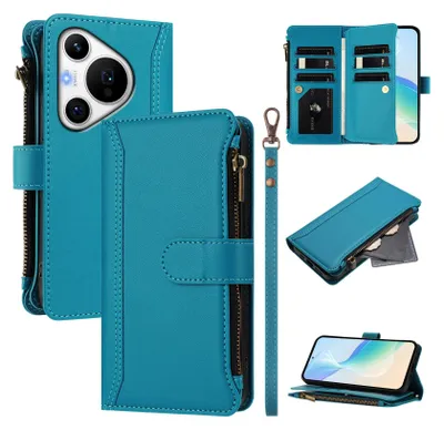 Produktbild von Handyhülle für Huawei Pura 70 Pro/Pura 70 Pro+ Reißverschluss Geldbörse Kunstleder Klapphülle mit Kartensteckplatz, Ständer, Handschlaufe Blau