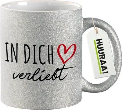 Produktbild von Huuraa Glitzertasse In dich verliebt 330ml Silber Keramik Kaffeebecher Geschenkidee