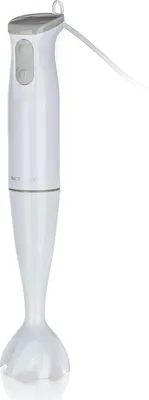 A white immersion blender is shown against a white background.