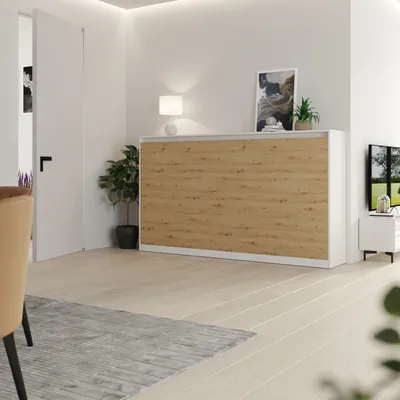 Produktbild von Schrankbett Classico 100x200 cm Horizontal Weiß/ Wildeiche Klappbett mit GASDRUCKFEDERN