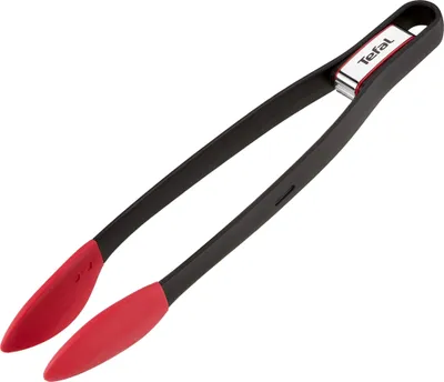 A pair of kitchen tongs with black handles and red silicone tips, displayed against a white background.