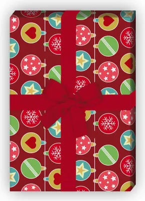 Produktbild von Nettes rotes Weihnachts Geschenkpapier mit Weihnachtskugel Streifen - G8488, 32 x 48cm