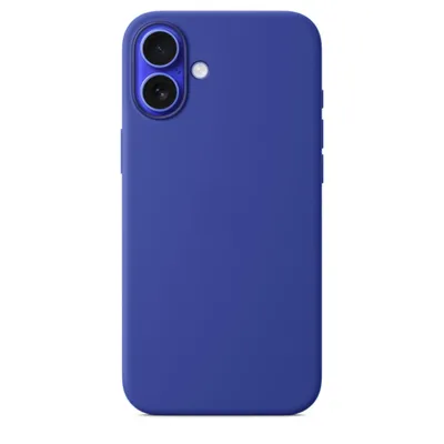 A blue silicone phone case is shown from the back.