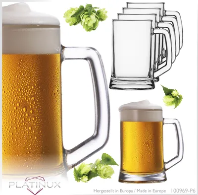 Produktbild von PLATINUX Bierseidel mit Henkel 0,5 Liter Set 6 Teilig Bierkrüge Biergläser Maßkrug aus Glas Beer