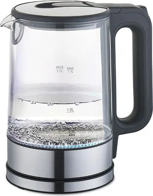 A glass electric kettle with water boiling inside, set against a white background.