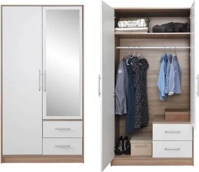 Productafbeelding van Kledingkast met draaideuren, model Smart, 100x56x190 cm, Sonoma eikenhout, wit, 2 deuren, met spiegel
