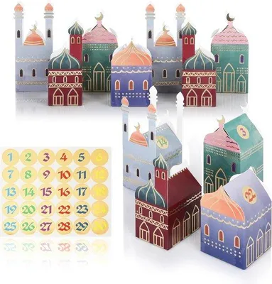 Produktbild von Famanu Ramadan-Kalender - 30 bunte Häuser mit Stickern zum Dekorieren - wiederverwendbare Geschenkboxen