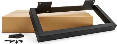 A black metal table leg and screws are shown on a white background, with a cardboard box behind them.