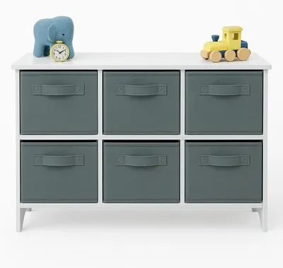 Immagine prodotto di Comodino per bambini del marchio GINGER HOME, con 6 contenitori in tessuto per riporre giocattoli e accessori, color grigio e bianco