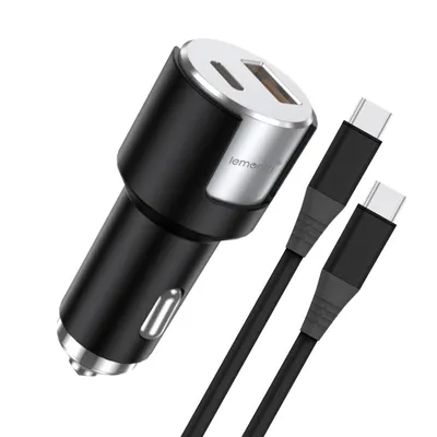 Produktbild von Lemontti Schnelllade-Autoladegerät 1 x PD Typ-C 20 W-Anschluss + 1 x USB-A QC 3.0 18 W-Anschluss mit Typ-C-auf-Typ-C-20-W-Kabel, 1 m, Schwarz/Silber