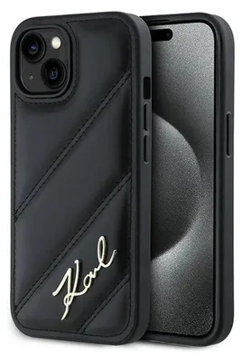 A black quilted iPhone case with a gold script logo.