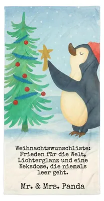 Produktbild von Mr. & Mrs. Panda Strandtuch Pinguin Weihnachtsbaum Design - Weiß - Geschenk, Frotteehandtuch, Winter, Weihnachten, Badelaken, Handtuch, Duschtuch, Badehandtuch