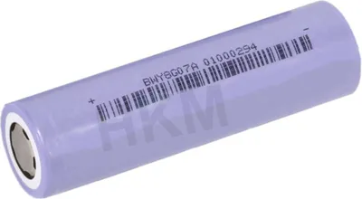 A single battery is shown lying diagonally on a white background. The battery is light purple and has black text and a barcode printed on it.