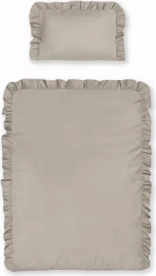 A top-down view of a two-piece baby bedding set, including a pillowcase and a duvet cover, both with ruffled edges, laid flat on a white background.