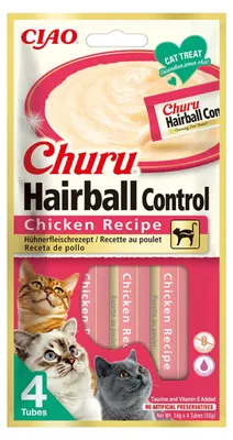Obrázek produktu pro Inaba Cat Churu Hairball, 4x14g (56g), krémová pochoutka pro kočky s kuřecím masem, pomáhá předcházet tvorbě chlupových bezoárů