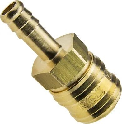 A close-up studio shot of a brass quick-release coupling with a hose barb.