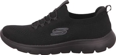 Side view of a black Skechers sneaker.