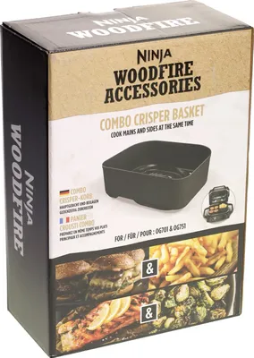 The image shows the packaging for a Ninja Woodfire Accessories Combo Crisper Basket.