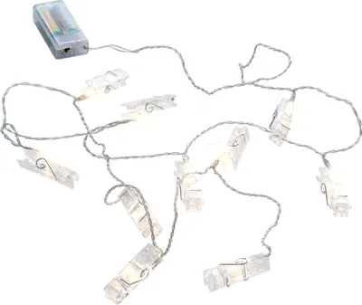 A string of LED lights with clips, attached to a battery pack.