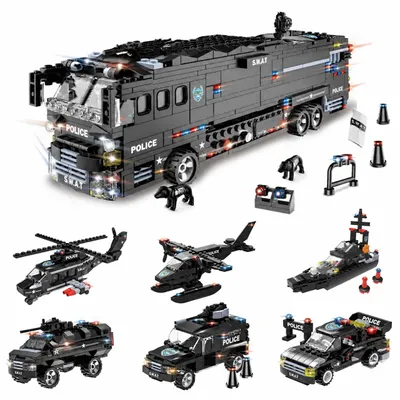 Produktbild von ABC BETTER TOYS ® 7-in-1SWAT Polizei Bausteine Bausatz 1014 Teile Stadt Polizeiauto Spielzeug mit Polizeiauto Hubschrauber Wasserpatrouillenboote