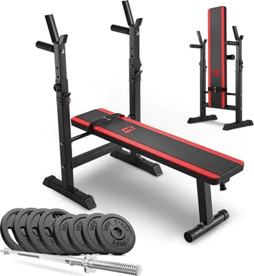 Produktbild von Hop-Sport HS-1080 klappbare Hantelbank mit Gewichten Sets 39kg– Hantelsets mit Langhantel, Hantelscheiben aus Gusseisen