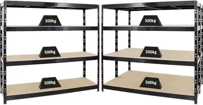 Produktbild von Mega Deal | 3x Profi Schwerlastregal Rhino | HxBxT 180x200x60cm | 4 Spanplatten-Ebenen 16mm | Fachlast 500kg | Schwarz