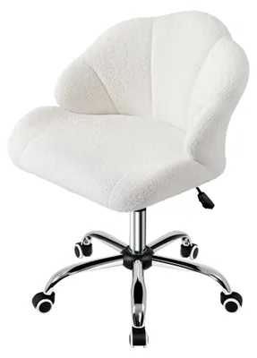 Produktbild von Höhenverstellbarer Bürostuhl, Schminkstuhl, Drehstuhl in Muschelform, Bürosessel mit Rollen, Samtstuhl bis 136 kg belastbar (Boucle, Schneeweiß)