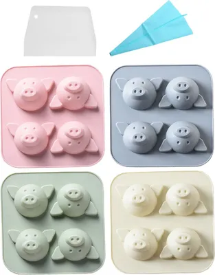 Produktbild von CANDeal Packung Mit 4 Silikon-Pralinen-Formen-Set, Niedliche Animail-Form, Silikon-Backform, Eiswürfelschale, Mit Spritzbeutel Und Schaber (Schwein)