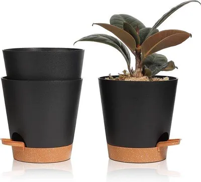 Imagen del producto de Juego de 3 macetas autoirrigables Unyqoos®, con platillos, de plástico, Ø14×14 cm, color  – ideales para interiores, balcones, suculentas y cactus