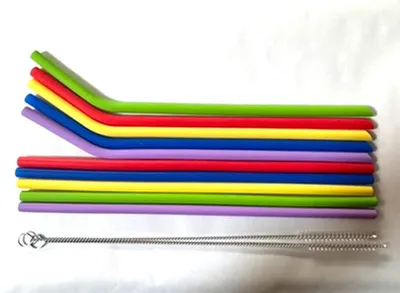 Obrázok produktu pre Silikónové slamky – 10 kusov – Opakovane použiteľné slamky – Farebné – Ohnuté a rovné slamky – Staw – S 2 čistiace kefky – CHPN