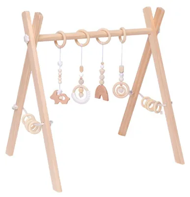 Produktbild von Holz-Babygym Lernständer mit handgefertigten Anhängern – sicherer Spiel- und Entwicklungsplatz für Babys