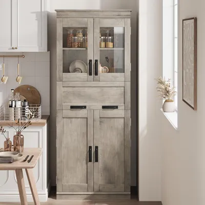 Immagine prodotto di Armadio alto grigio, 170 cm, in legno, con 2 ante in legno, 2 ante in vetro e un cassetto estraibile