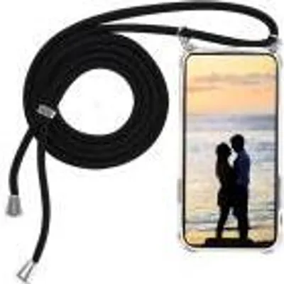 A phone case with a lanyard and a picture of a couple on the screen.