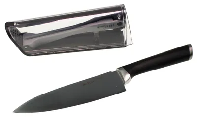 A chef's knife and its protective sheath are displayed against a white background.
